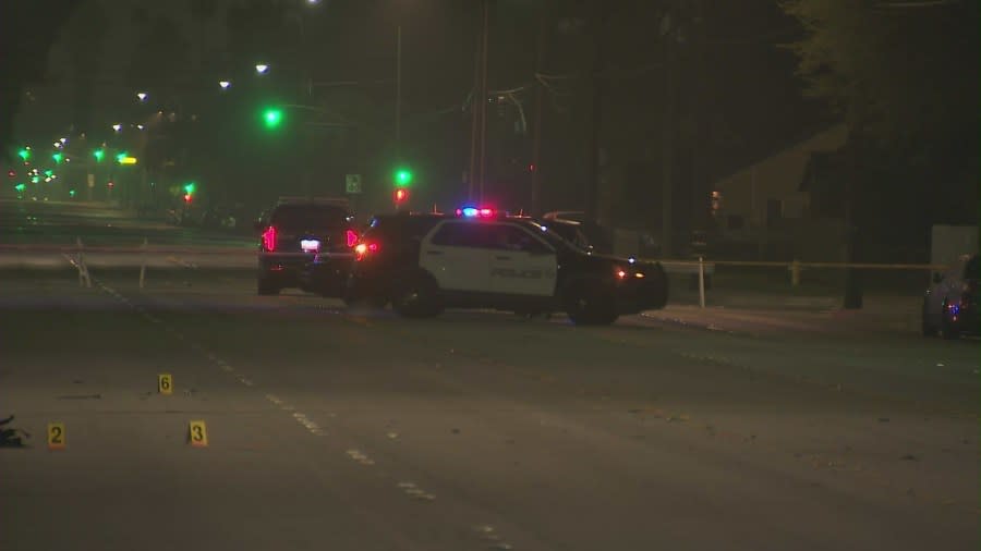 Preliminary information from the Pomona Police Department indicates that the crash took place just after 1:35 a.m. on Towne Avenue near 9th Street on April 21, 2024. (KTLA)