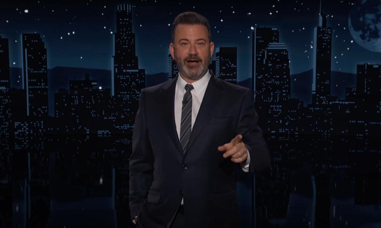 <span>Jimmy Kimmel on the hush-money trial: ‘It’s the first time in history that a former president will be held accountable for cheating on his taxes and his wife on the same day.’</span><span>Photograph: YouTube</span>