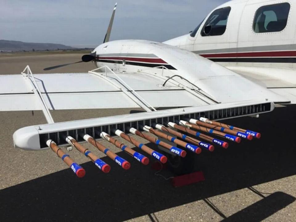 A bank of silver iodide flares attached to a plane used for cloud seeding in Santa Barbara County.