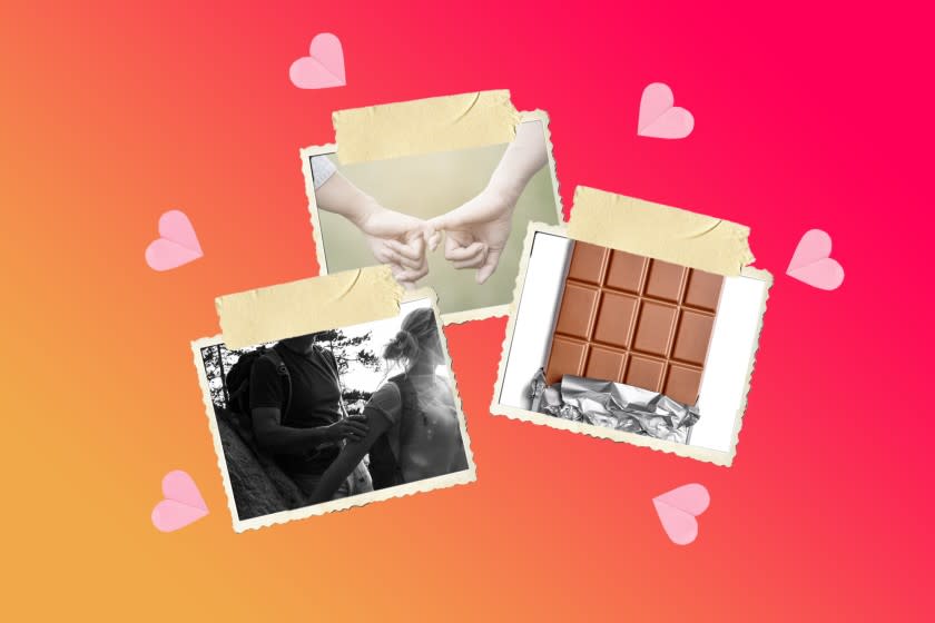 photos of hands holding, a hiking couple, and a bar of chocolate