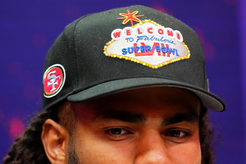 February 5, 2024: A detail view of the hat worn by Fred Warner of the San Francisco 49ers during Super Bowl LVIII Opening Night at Allegiant Stadium in Las Vegas.