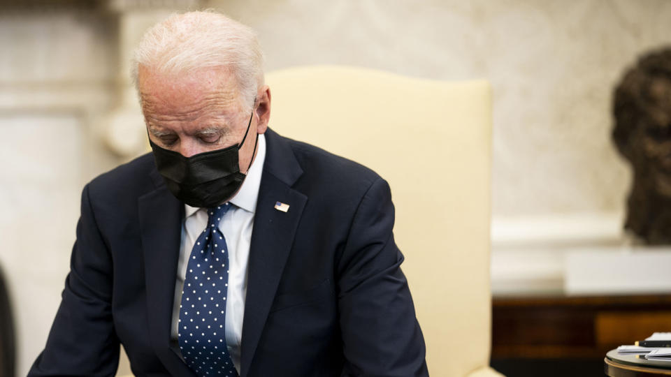 U.S. President Joe Biden pauses during a meeting with the leadership of the Congressional Hispanic Caucus in the Oval Office of the White House April 20, 2021 in Washington, DC. (Doug Mills-Pool/Getty Images)