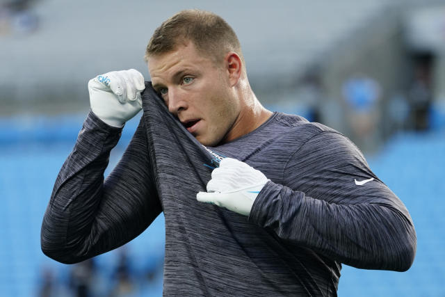 Carolina Panthers wide receiver D.J. Moore warms up before the first half  of an NFL football game against the New York Jets Sunday, Sept. 12, 2021,  in Charlotte, N.C. (AP Photo/Jacob Kupferman