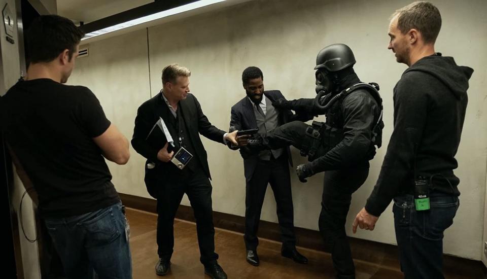 Christopher Nolan, John David Washington and crew on the set of 'Tenet', 2020