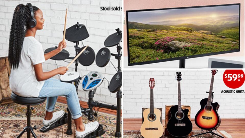 A drum kit, computer monitor and guitars on sale as Special Buys at Aldi.