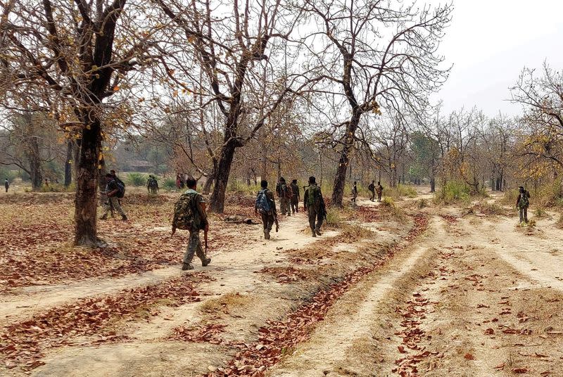 Security force personnel patrol after an attack by Maoist fighters in Bijapur