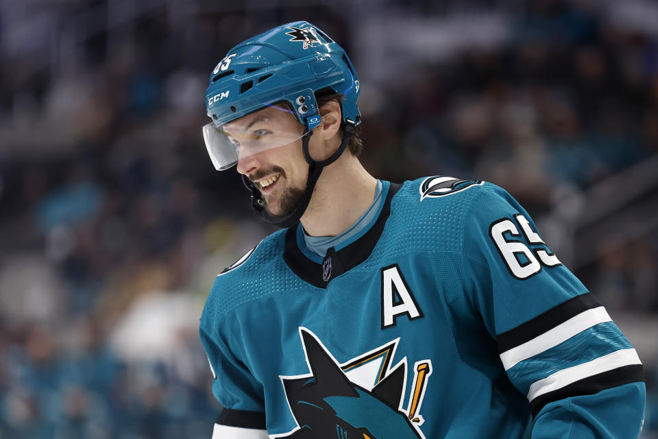 San Jose Sharks defenseman Erik Karlsson (65) reacts after a penalty was called against the Calgary Flames in the first period of an NHL hockey game Sunday, Dec. 18, 2022, in San Jose, Calif. (AP Photo/Josie Lepe)