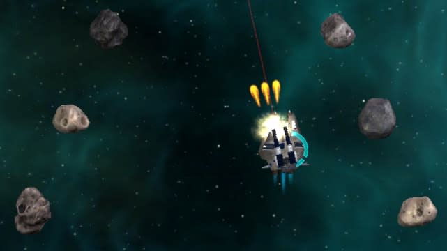 Spaceship shooting enemy ship while avoiding astroids in Spaceborn