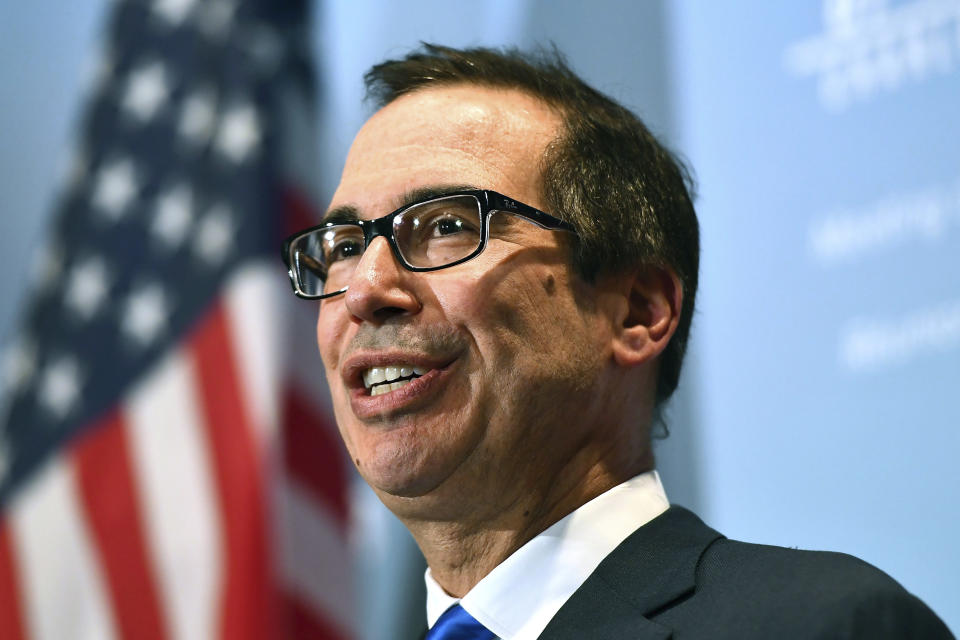 U.S. Treasury Secretary Steven Mnuchin speaks at a news conference during a meeting for the G7 Finance and Central Bank Governors in Whistler, British Columbia. On Wednesday, the Treasury Department released a report on currency practices of major trading partners and declined to label China a currency manipulator. (Jonathan Hayward/The Canadian Press via AP)