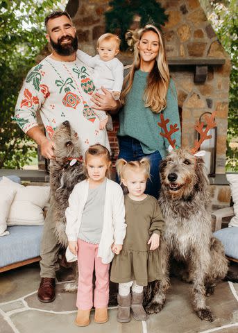 <p>Stephanie Beatty for Minted</p> Jason Kelce and wife Kylie with daughters Wyatt, Bennett, and Elliotte