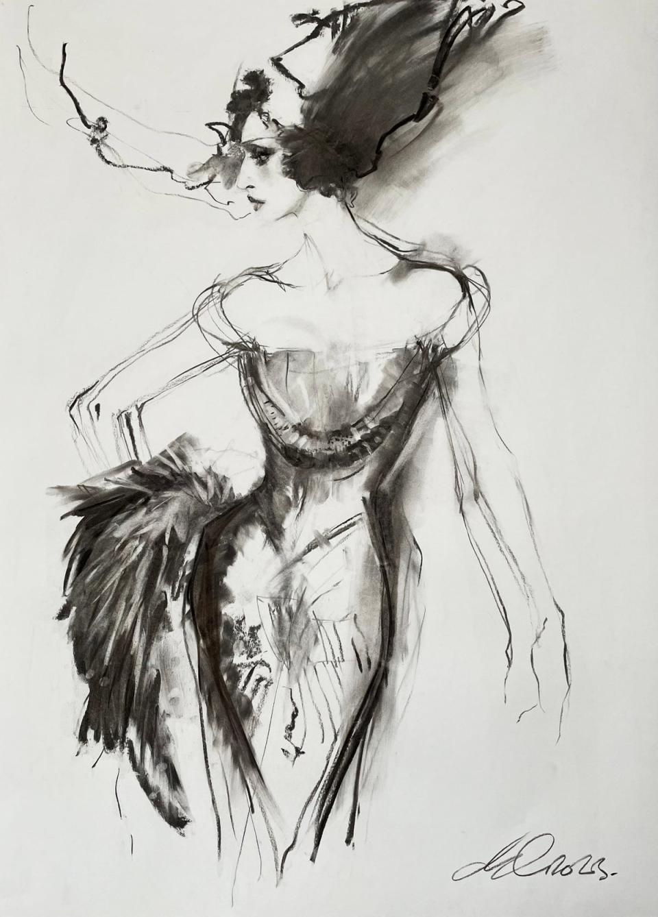 Christian Dior July 1997, charcoal on paper, signed & dated 2023 (David Downton)