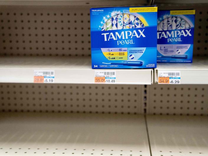 Two boxes of Tampax Pearl tampons are seen on a shelf at a store in Washington, DC, on June 14, 2022
