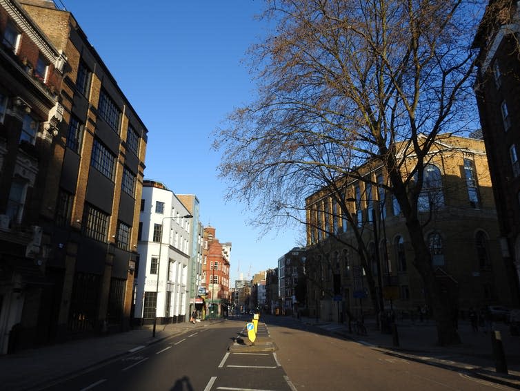 <span class="caption">Social distancing measures have emptied city streets.</span> <span class="attribution"><a class="link " href="https://www.shutterstock.com/image-photo/london-uk-march-23rd-2020-londons-1683812641" rel="nofollow noopener" target="_blank" data-ylk="slk:heardiniondon/Shutterstock;elm:context_link;itc:0;sec:content-canvas">heardiniondon/Shutterstock</a></span>