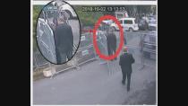 This image taken from CCTV video obtained by the Turkish broadcaster TRT World and made available on Sunday, Oct. 21, 2018, purportedly showing Saudi journalist Jamal Khashoggi talking to his fiancee Hatice Cengiz, seen in expanded view, before entering the Saudi consulate in Istanbul, Tuesday, Oct. 2, 2018. (CCTV/TRT World via AP)