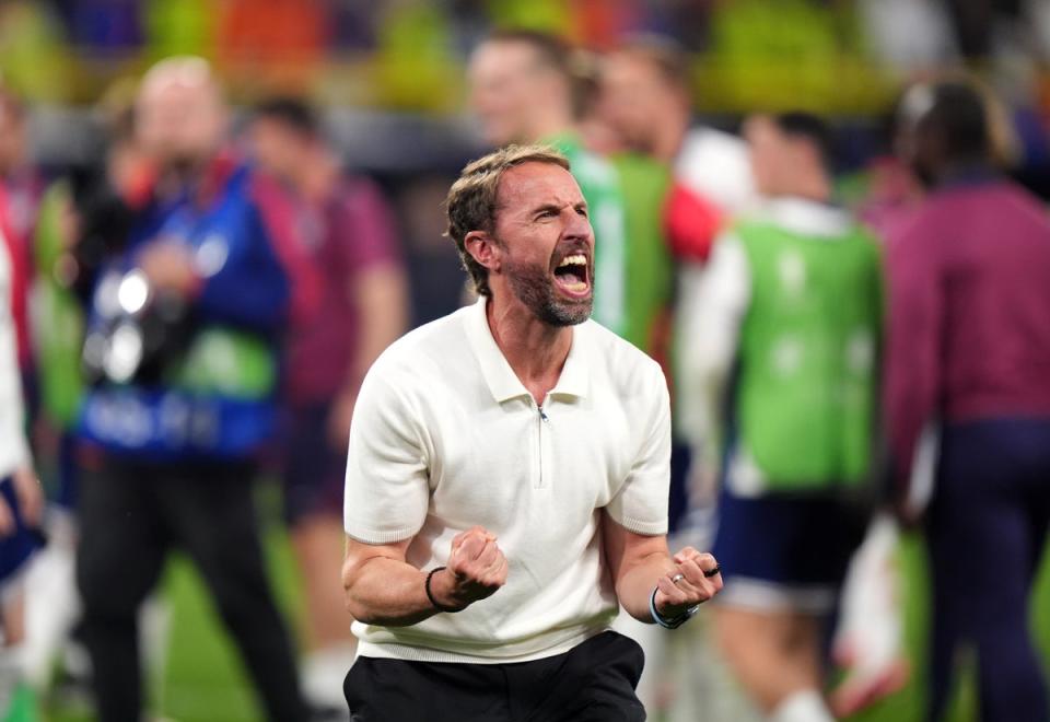 England manager Gareth Southgate celebrates following the Euro 2024 semi-final win over the Netherlands (PA Wire)