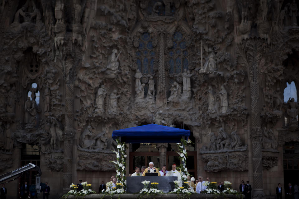 FILE - Pope Benedict XVI leads a Mass outside the Sagrada Familia church in Barcelona, Spain, designed by Catalan architect Antoni Gaudi and whose construction began in 1882, during its consecration ceremony on Nov. 7, 2010. Pope Emeritus Benedict XVI, the German theologian who will be remembered as the first pope in 600 years to resign, has died, the Vatican announced Saturday. He was 95. (AP Photo/Emilio Morenatti, File)