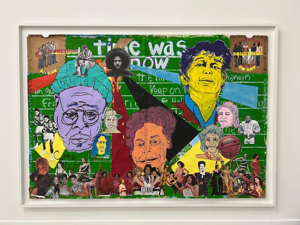 The pieces in "No Kings But Us" emerged organically, but with a few unexpected twists. Kerr created the green background of this painting as an old school chalkboard, while Hodge read it as a football field. They used an image of Colin Kapernick to link athletes and activists.
