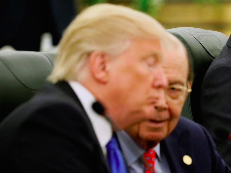 White House senior advisor Jared Kushner (C) sits alongside U.S. President Donald Trump (L) and Commerce Secretary Wilbur Ross (2nd L) as they prepare to meet with Saudi Arabia's King Salman bin Abdulaziz Al Saud and the Saudi delegation at the Royal Court in Riyadh, Saudi Arabia May 20, 2017.