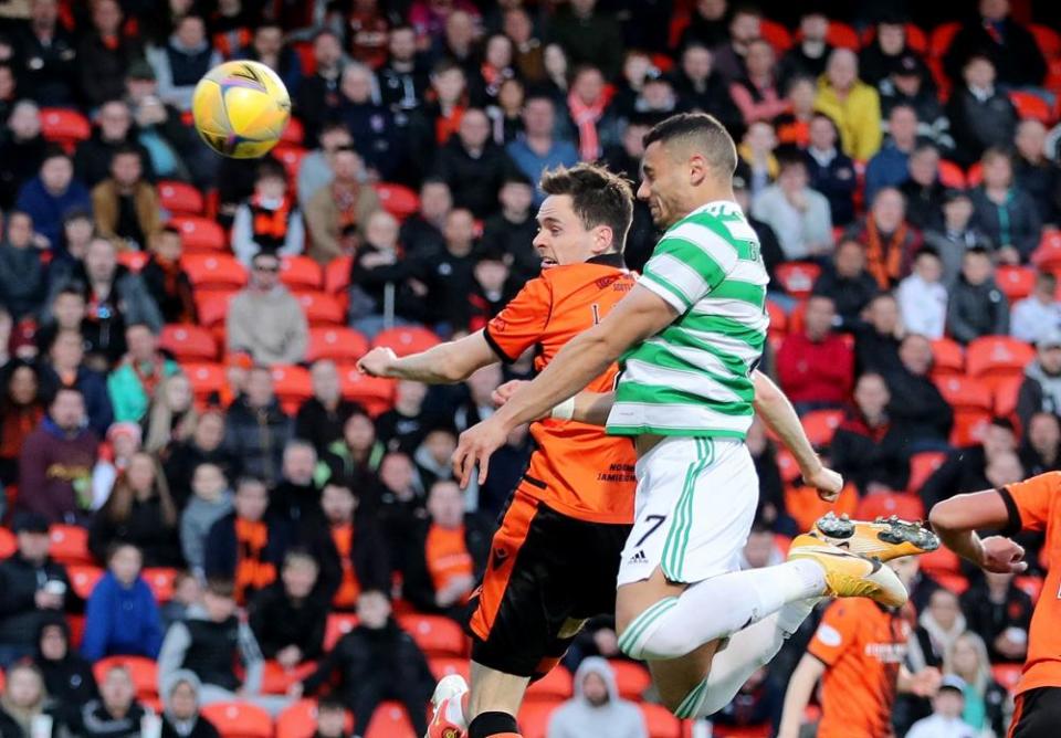 Celtic’s Georgios Giakoumakis heads home in the 53rd minute to open the scoring.