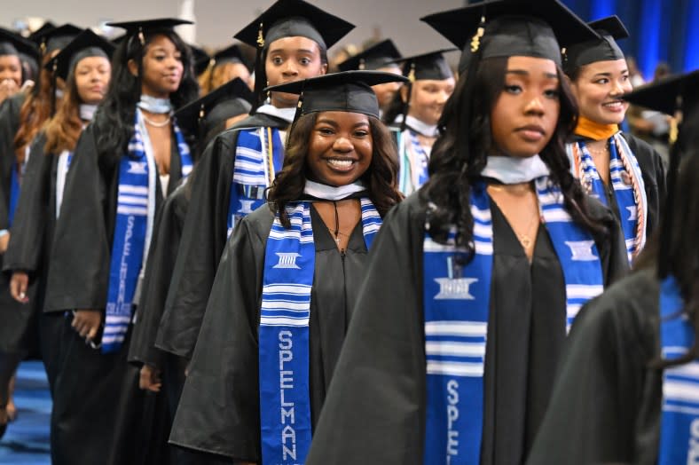 The Biden administration also is prioritizing funding for HBCUs such as Spelman College, where this year’s graduates (above) were arriving in May for their commencement ceremony at Georgia International Convention Center. (Photo by Paras Griffin/Getty Images)