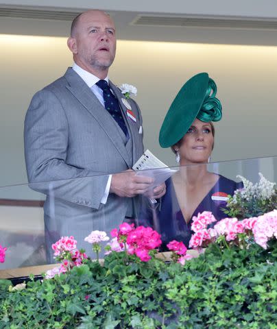 <p>Chris Jackson/Getty Images</p> Mike Tindall and Zara Tindall look ahead with focus at the 2023 Royal Ascot.