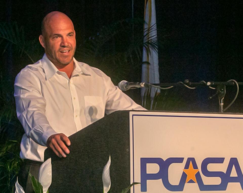 Steve Pearce, 2023 Hall of Fame Class recipient, speaks after receiving the award during the 2023 Polk County All Sports Awards ceremony at The RP Funding Center in Lakeland Tuesday night. June 13, 2023.