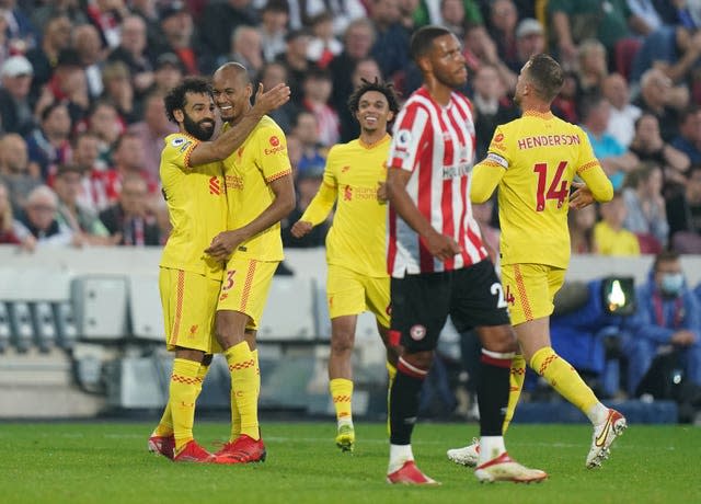 Mohamed Salah (left) scored his 100th Premier League goal for Liverpool