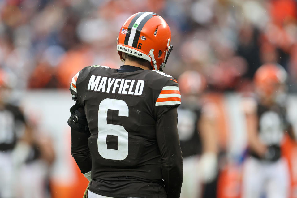 CLEVELAND, OH - NOVEMBER 21: Cleveland Browns quarterback Baker Mayfield (6) on the field during the fourth quarter of the National Football League game between the Detroit Lions and Cleveland Browns on November 21, 2021, at FirstEnergy Stadium in Cleveland, OH.  (Photo by Frank Jansky/Icon Sportswire via Getty Images)