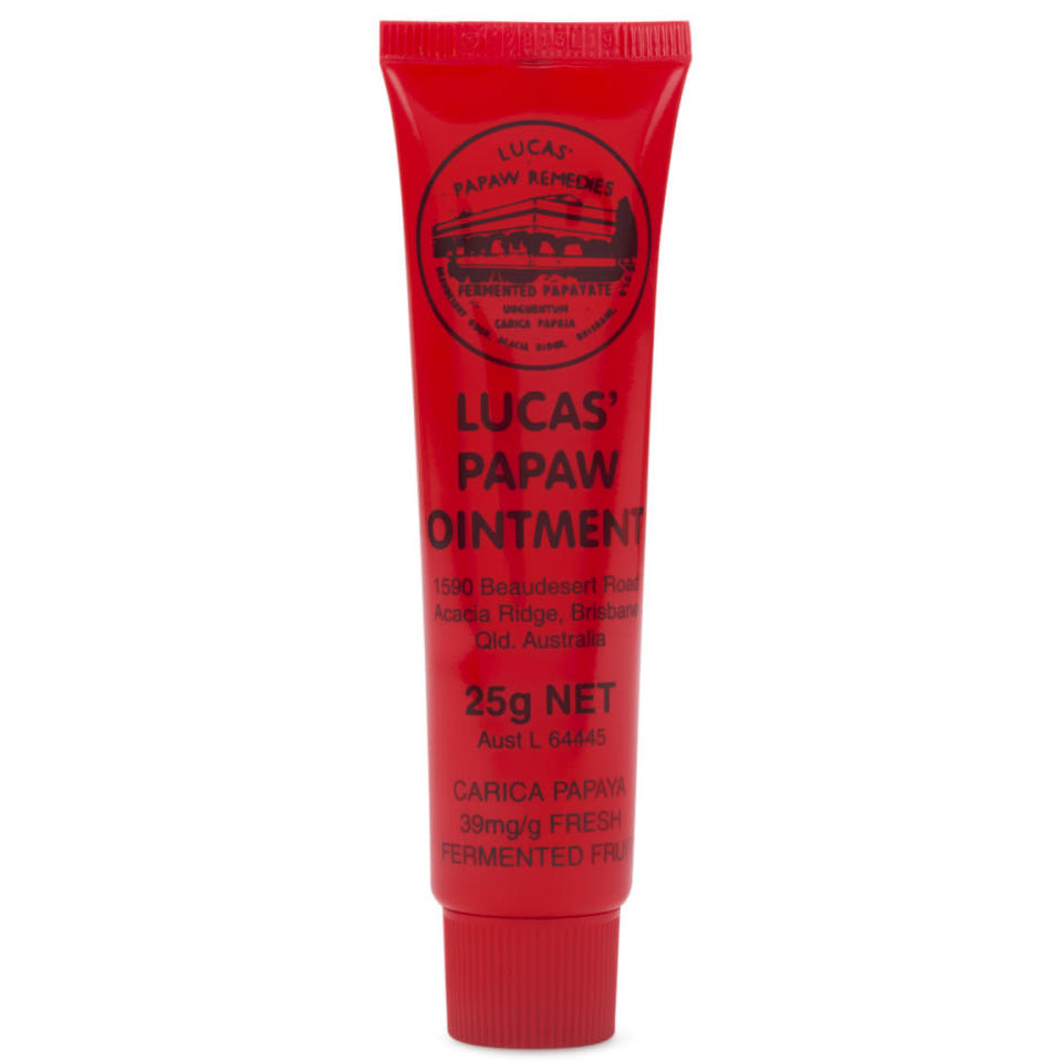 Lucas Papaw Ointment This Australian import made with fermented papaya is adored by industry experts for good reason — it’s antibacterial, antimicrobial, and heals many skin issues from burns to bites, to dry skin. Lucas Papaw Ointment ($16)