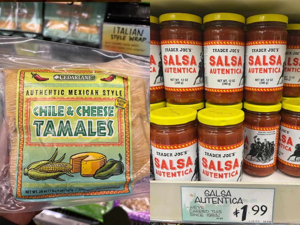 Trader Joe's chile and cheese tamales in package next to salsa autentica jars on display in store