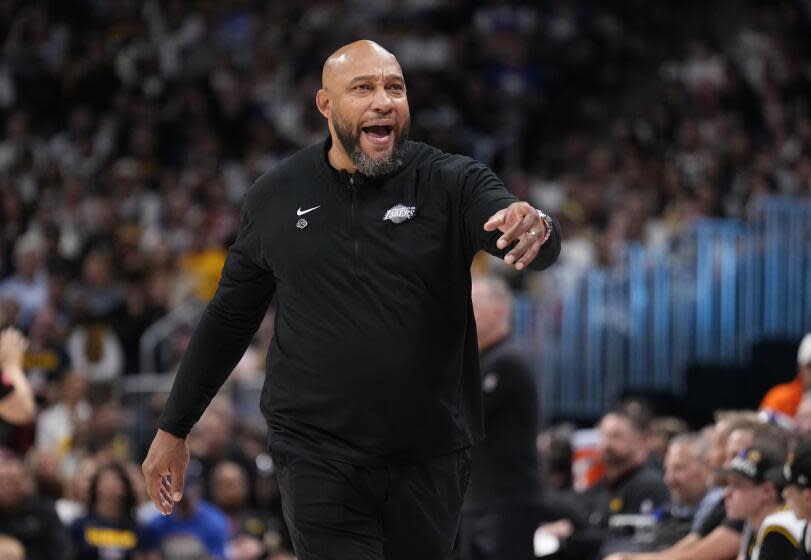 Los Angeles Lakers head coach Darvin Ham reacts during the second half in Game 2.