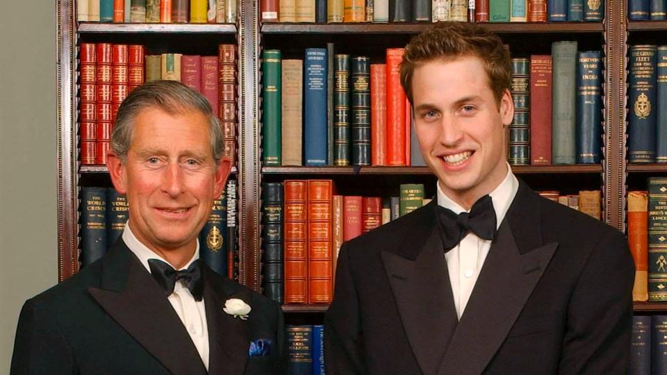 The late Queen Elizabeth II, the then Prince Charles and Prince William posing for a photograph at Clarence House before a dinner to mark the 50th anniversary of the Queen's Coronation on June 2, 2003 