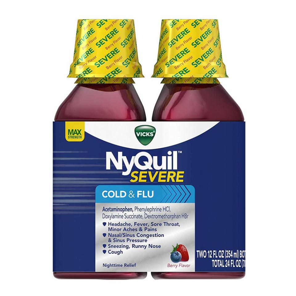 <p><strong>Vicks</strong></p><p>amazon.com</p><p><strong>Out of Stock</strong></p><p><a rel="nofollow noopener" href="https://www.amazon.com/dp/B00HZ6YC1U" target="_blank" data-ylk="slk:Shop Now;elm:context_link;itc:0;sec:content-canvas" class="link ">Shop Now</a></p><p><strong>Best for Nighttime Relief</strong></p><p>NyQuil has three active ingredients: acetaminophen (a pain reliever and fever reducer), dextromethorphan HBr (a cough suppressant), and doxylamine succinate (an antihistamine). It'll help <a rel="nofollow noopener" href="https://www.wired.com/2007/10/st-nyquil/" target="_blank" data-ylk="slk:relieve;elm:context_link;itc:0;sec:content-canvas" class="link ">relieve</a> your sneezing, sore throat, aches, pains, fever, runny nose, and cough, all while making you drowsy. </p><p>They say sleep is the best medicine, and NyQuil causes marked drowsiness - so it should help you get better in practically no time. Also, if you prefer capsules to liquid, there's a <a rel="nofollow noopener" href="https://www.amazon.com/Vicks-NyQuil-Nighttime-LiquiCaps-Packaging/dp/B005ZD6GTQ" target="_blank" data-ylk="slk:pill variant;elm:context_link;itc:0;sec:content-canvas" class="link ">pill variant</a>.<br></p>