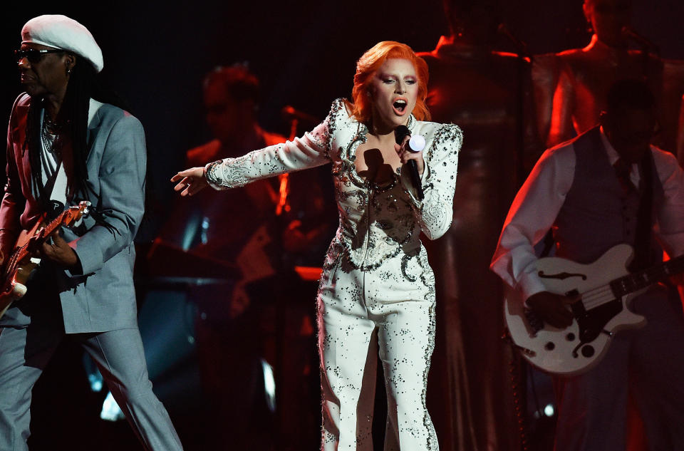 LOS ANGELES, CA - FEBRUARY 15:  Singer Lady Gaga performs a tribute to the late David Bowie onstage during The 58th GRAMMY Awards at Staples Center on February 15, 2016 in Los Angeles, California.  (Photo by Kevork Djansezian/Getty Images for NARAS)