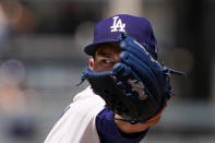 Los Angeles Dodgers starting pitcher Andrew Heaney throws to the plate during the first inning of a baseball game against the Cincinnati Reds Sunday, April 17, 2022, in Los Angeles. (AP Photo/Mark J. Terrill)