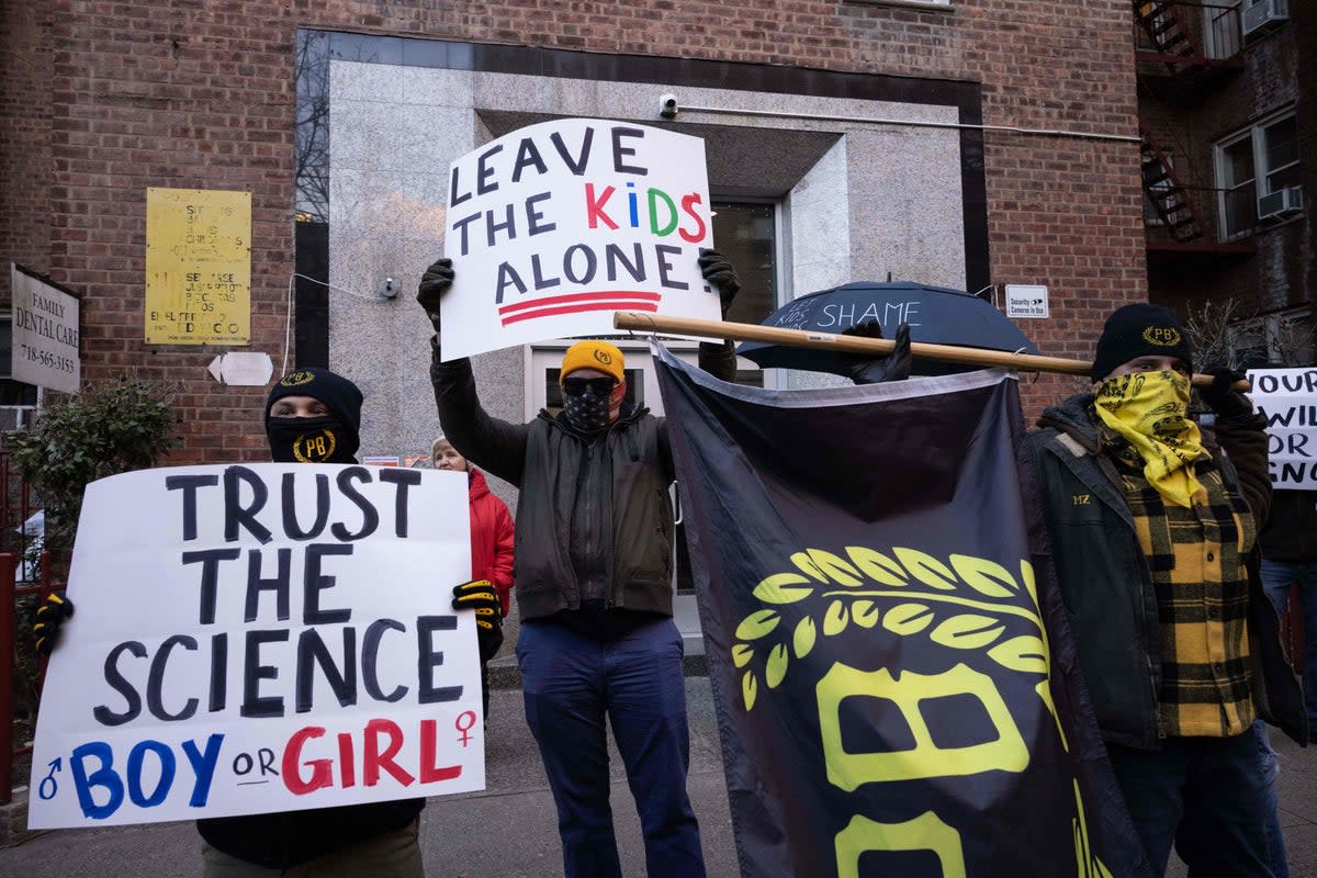 Members of the Proud Boys join protests against a drag queen storytelling event at a public library in  New York City. (AFP via Getty Images)