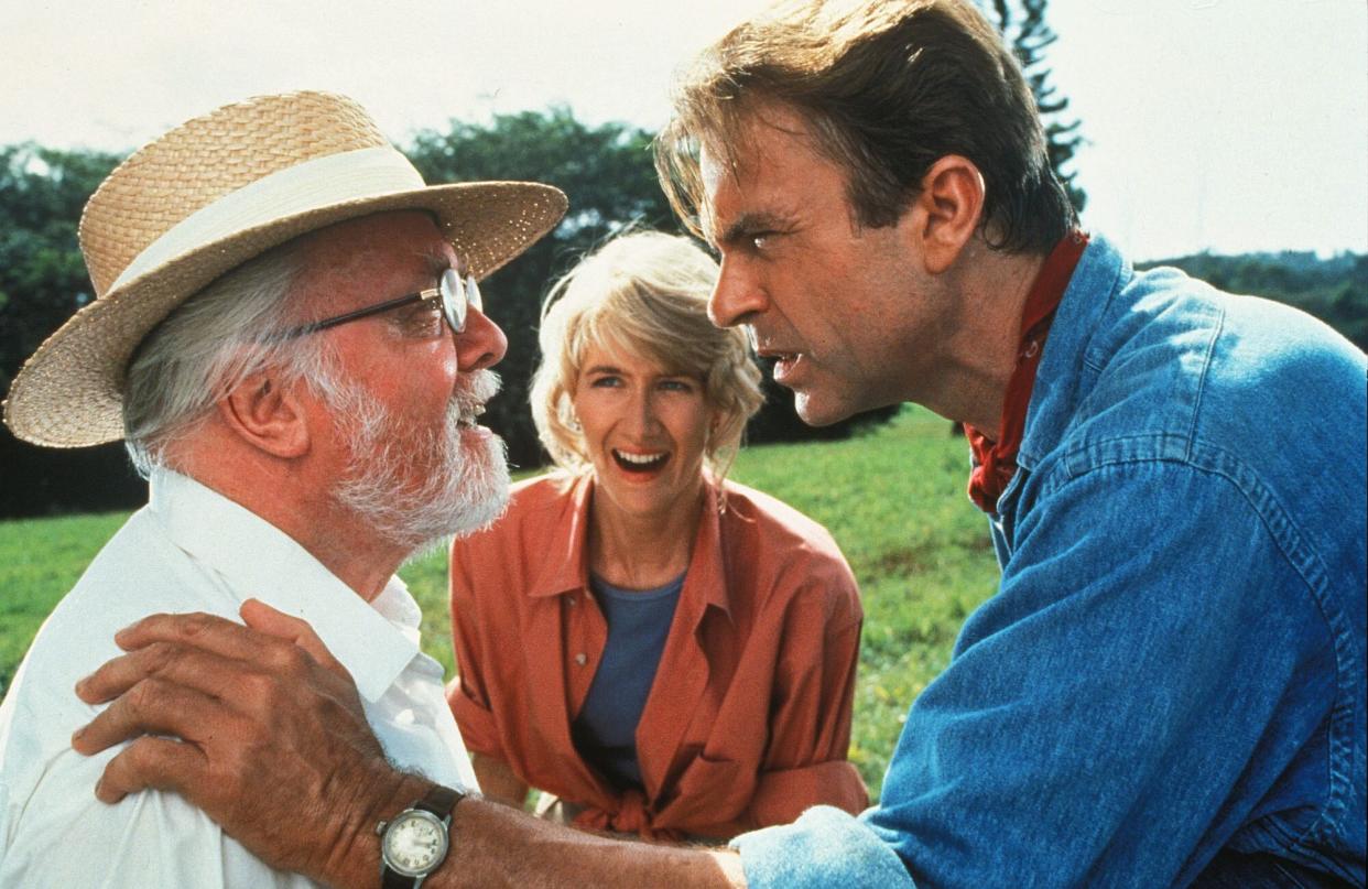 Editorial use only. No book cover usage. Mandatory Credit: Photo by Amblin/Universal/Kobal/Shutterstock (5886121bg) Richard Attenborough, Laura Dern, Sam Neill Jurassic Park - 1993 Director: Steven Spielberg Amblin/Universal USA Scene Still Scifi Jurassic Parc