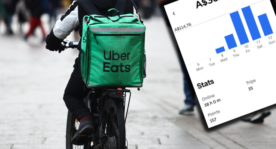 An Uber delivery rider next to screenshot of earnings