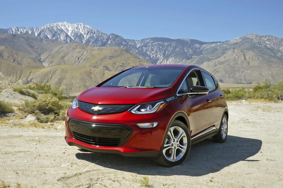 This photo provided by General Motors shows the 2017 Chevrolet Bolt, a small electric hatchback with an EPA-estimated 238 miles of range. (Courtesy of General Motors via AP)