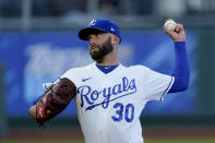 Kansas City Royals starting pitcher Danny Duffy throws during the first inning of a baseball game against the Tampa Bay Rays, Monday, April 19, 2021, in Kansas City, Mo. (AP Photo/Charlie Riedel)