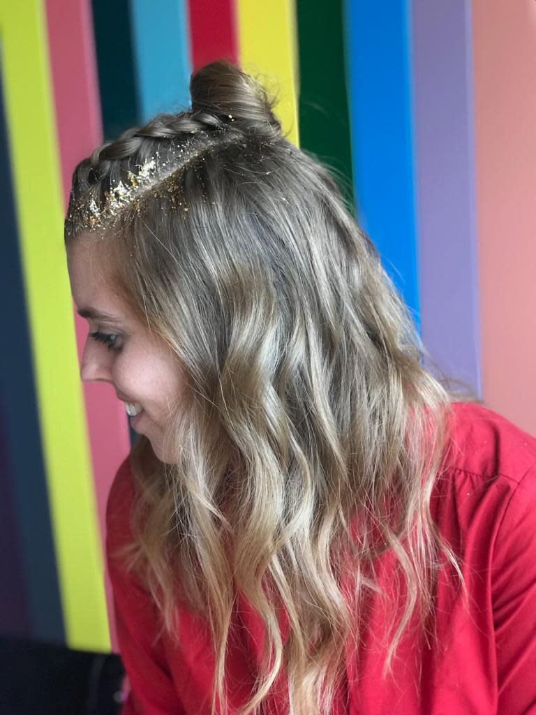 Princess Beatrice with glitter parting at Wilderness 2019, created by Adam Embleton/Josh Wood Colour. [Photo: @joshwoodcolour for @aynhoebackstage at Wilderness 2019]