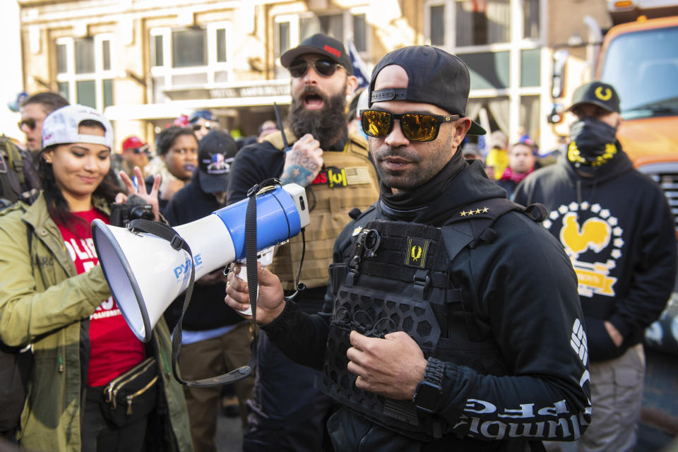 Enrique Tarrio and Proud Boys members demonstrate during the Million MAGA March on Nov. 14, 2020. in Washington, D.C.