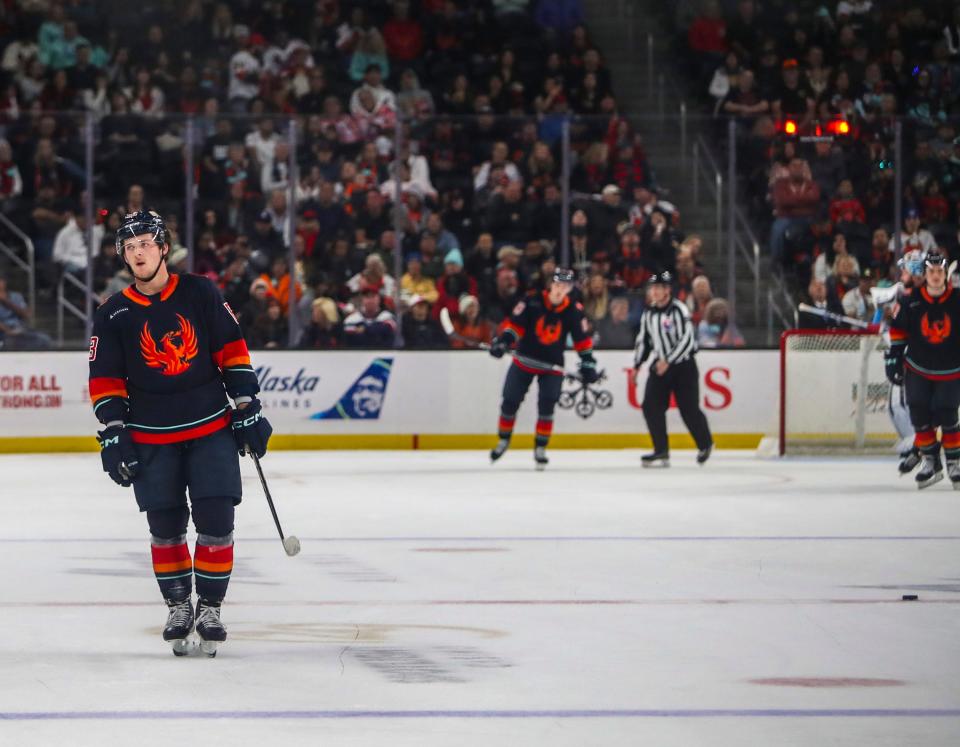 Coachella Valley forward Jacob Melanson (63) reacts to a Tucson Roadrunners goal during the second period of their game at Acrisure Arena in Palm Desert, Calif., Wednesday, April 17, 2024.