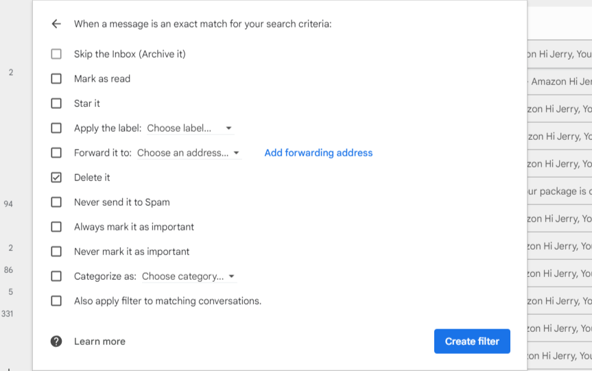 Gmail filter settings