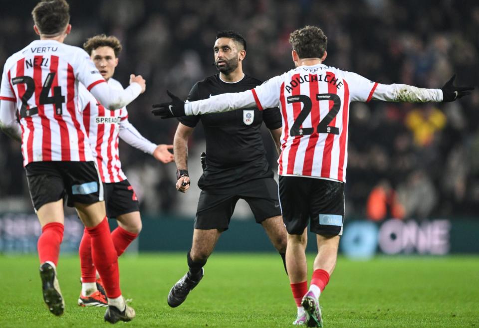 <span>Sunny Singh Gill (centre) took charge of Sunderland v Leicester City in the Championship this week.</span><span>Photograph: Richard Lee/Rex/Shutterstock</span>