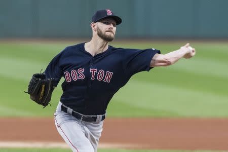 Sep 21, 2018; Cleveland, OH, USA; Boston Red Sox starting pitcher Chris Sale (41) throws a pitch during the first inning against the Cleveland Indians at Progressive Field. Mandatory Credit: Ken Blaze-USA TODAY Sports