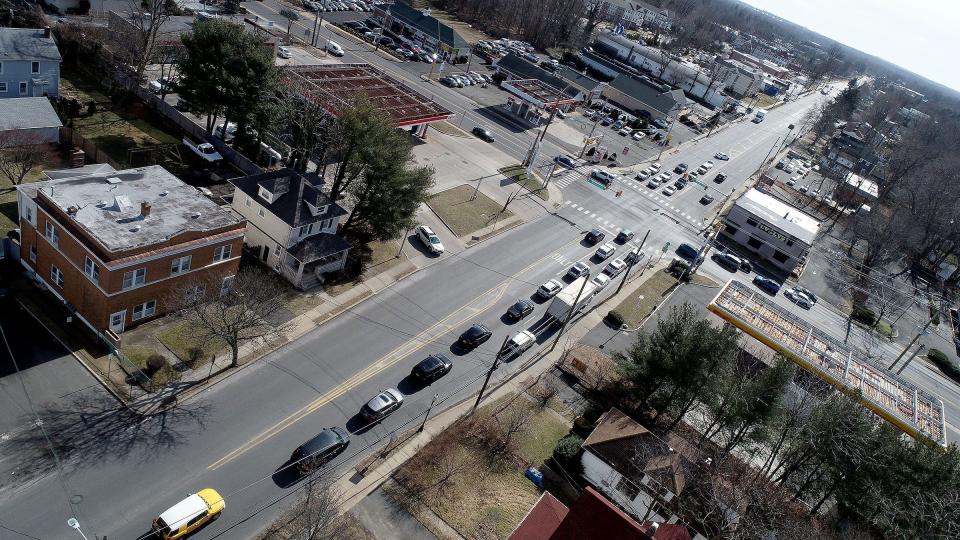The two lane portion of Shrewsbury Avenue cuts through Red Bank (left) and across Newman Springs Road into the four lane portion in Shrewsbury Borough Thursday, February 17, 2022.