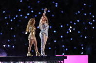 Singers Shakira and Jennifer Lopez perform during the Pepsi Super Bowl LIV Halftime Show at Hard Rock Stadium on February 02, 2020 in Miami, Florida. (Photo by Andy Lyons/Getty Images)