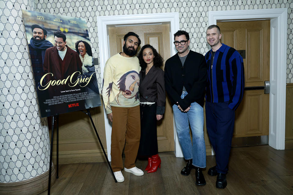 Himesh Patel, Ruth Negga, Daniel Levy, and Evan Ross Katz attend the Good Grief NY AMPAS Tastemaker at Crosby Hotel on January 04, 2024 in New York City.