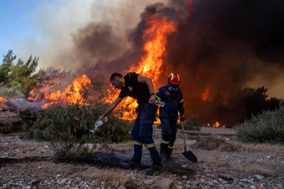 A firefighter uses a bottle to drop water over a burnt plant after flames approach Vati village, on the Aegean Sea island of Rhodes, southeastern Greece (AP)